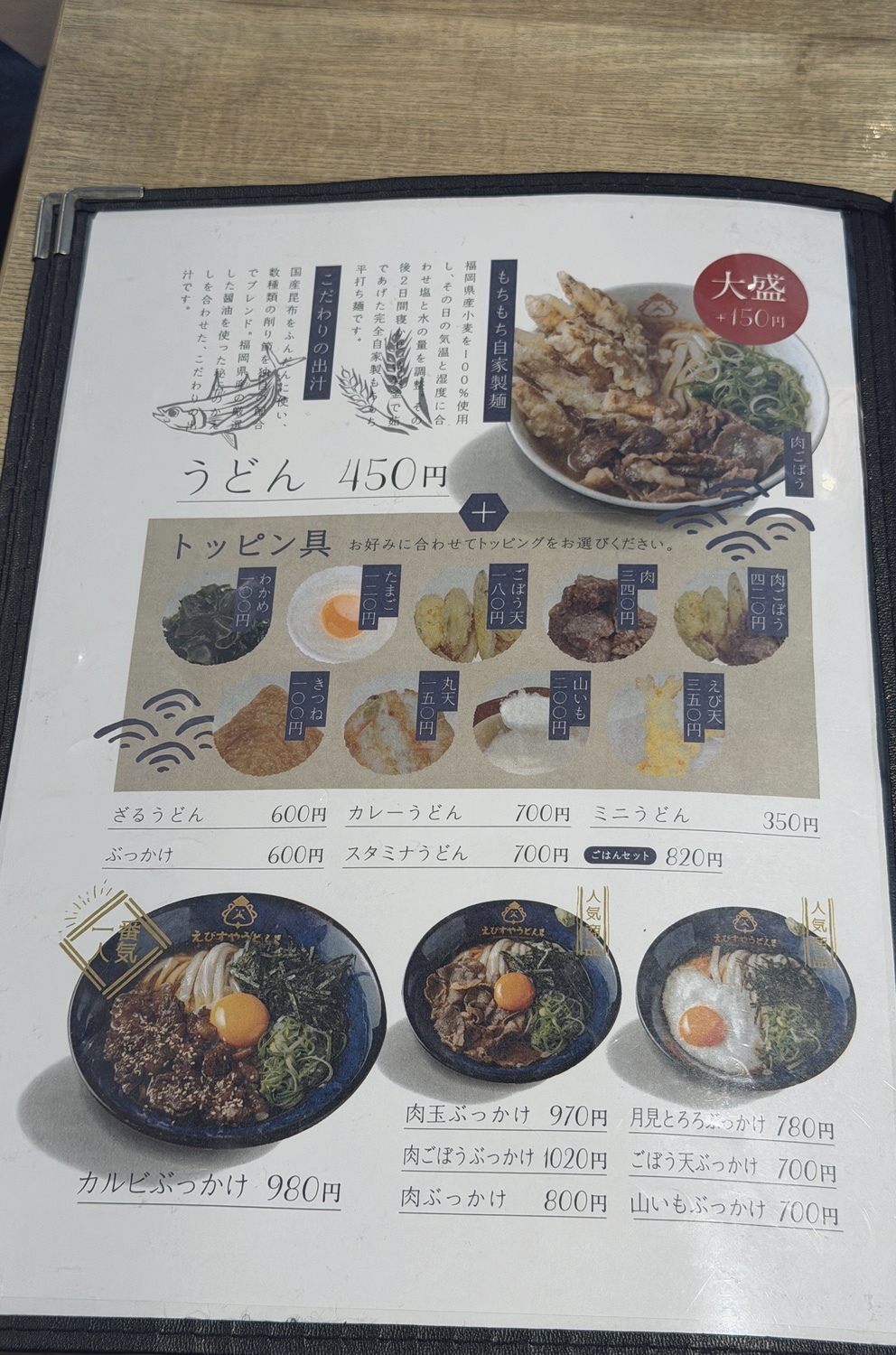 うどん・トッピングのメニュー