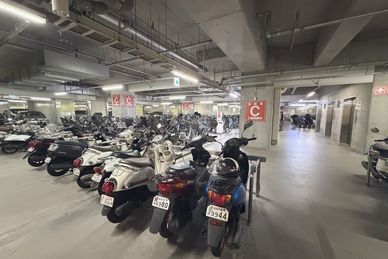 地下2階駐輪場の全景(手前は原付バイクエリア)